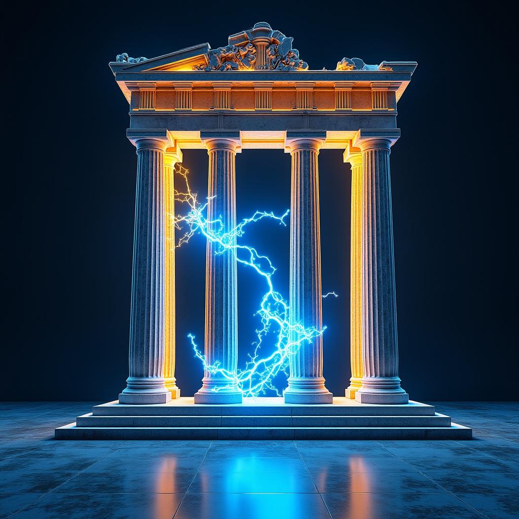 Neon neural network intersecting with classical Greek marble pillars